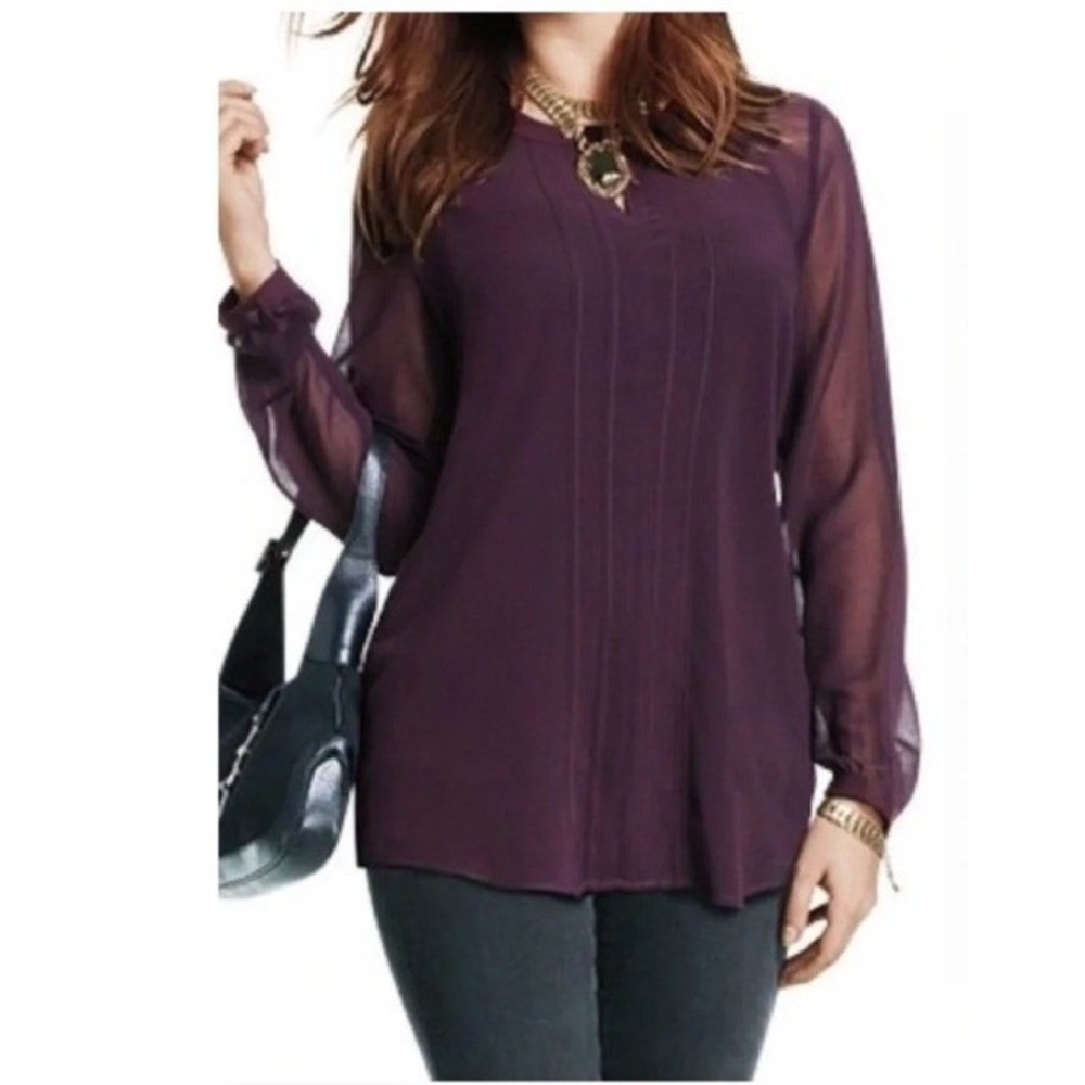 Cabi Purple Entice Long Sleeve Blouse Size Large 3092 Plum Pleated Keyhole Top